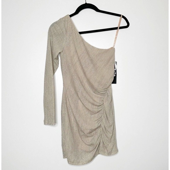 Jump Apparel Juniors Sparkle One Shoulder Ruched Mini Dress Womens Nude Small - Picture 3 of 6